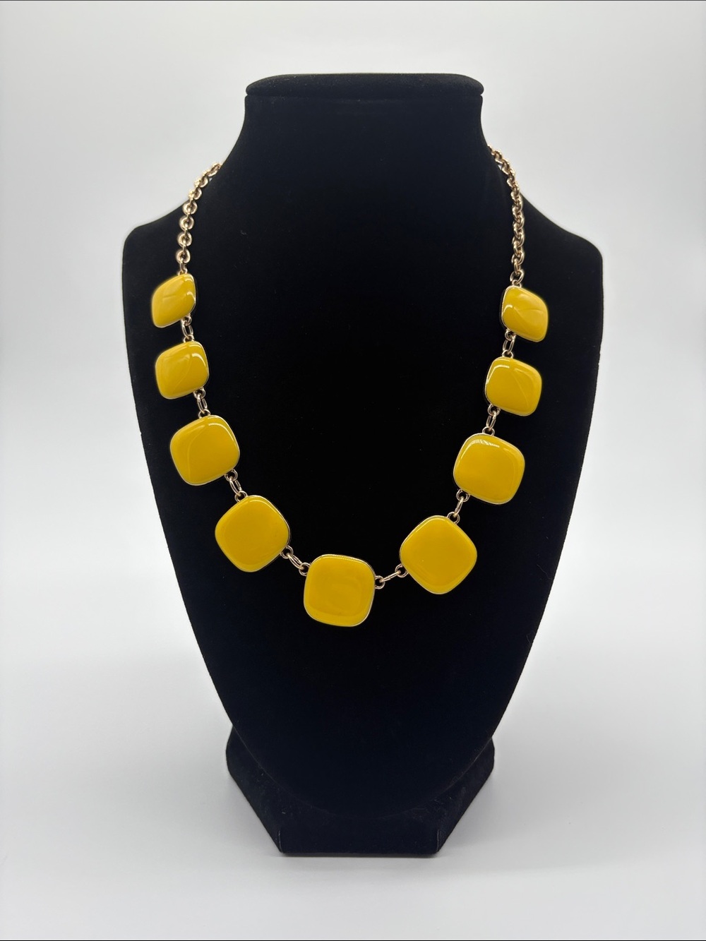 Yellow Statement Necklace Gold Tone Chain Square Beads Women - Picture 1 of 4